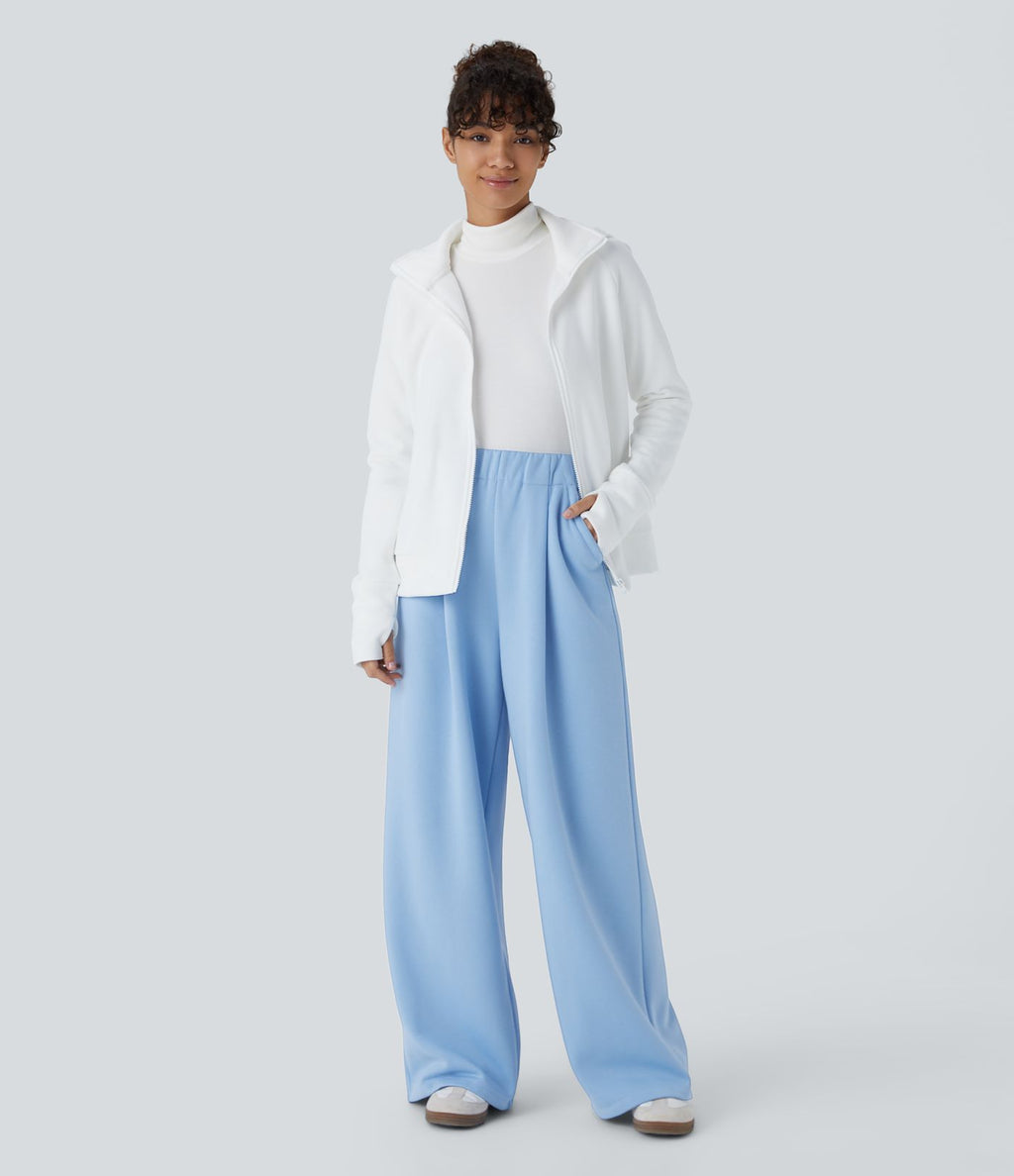 Pantalon Jogging Thermique Taille Haut Jambes Larges Poche Latérale Plissée en Fleece