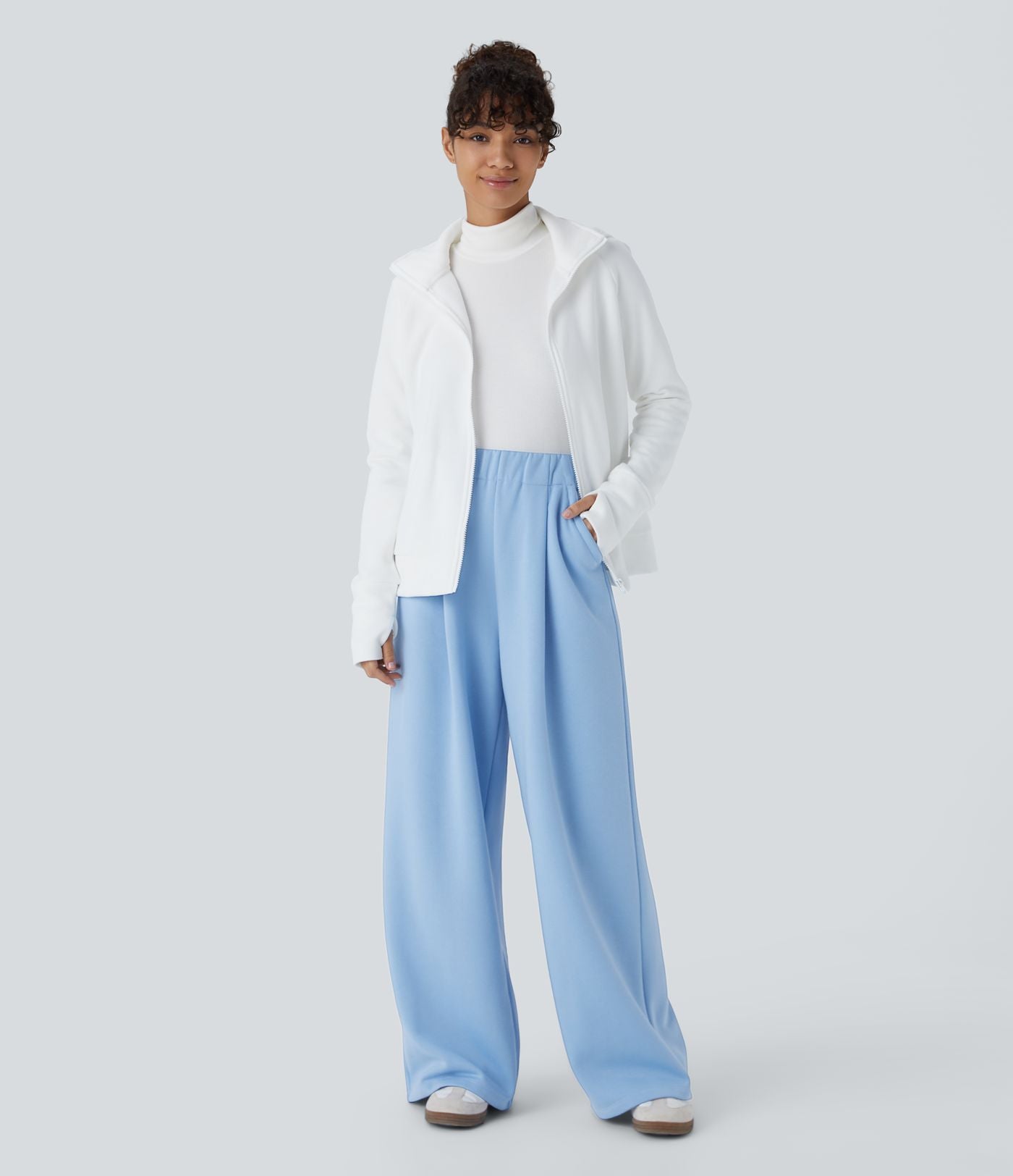 Pantalon Jogging Thermique Taille Haut Jambes Larges Poche Latérale Plissée en Fleece
