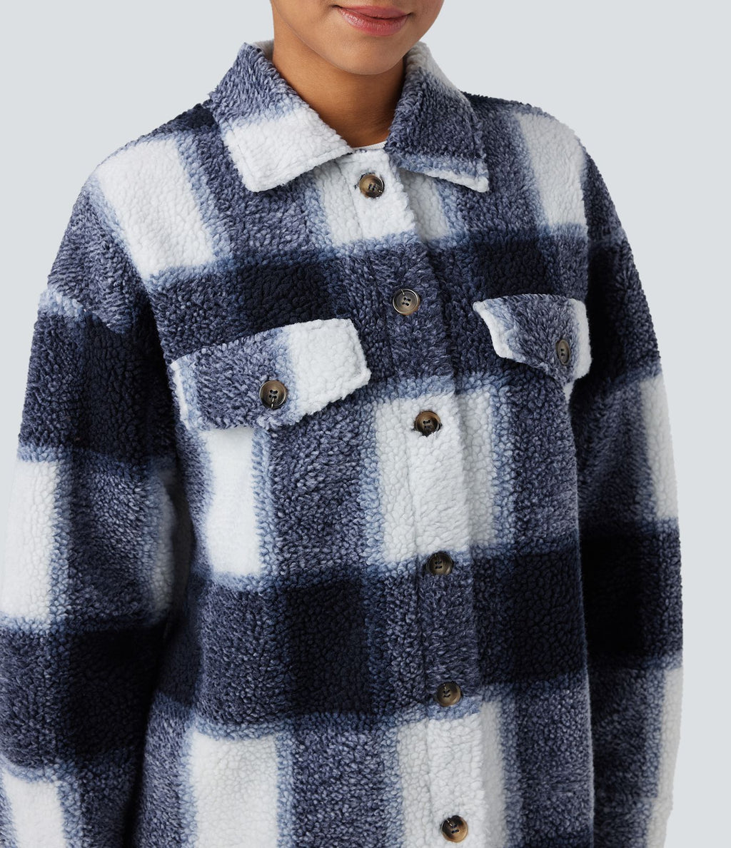 Veste-chemise sherpa col ourlet arrondi manches longues avec poches