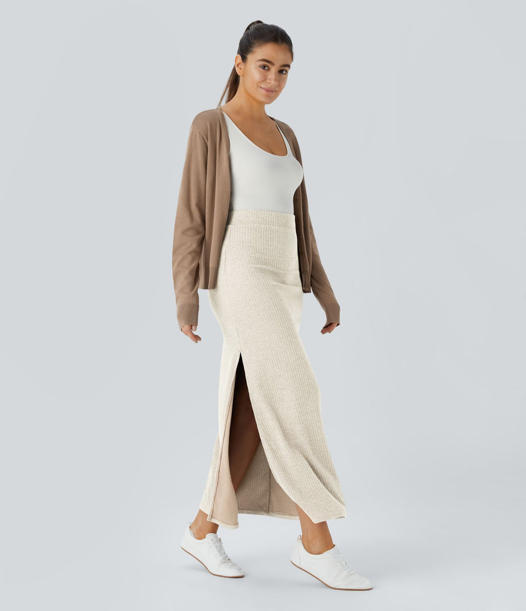 Jupe Casual Maxi à Taille Haute et Ourlet Fendu en A-Line en Côtes