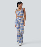Pantalon évasé de yoga taille haute Cool Touch à motif écossais avec croisement et poche