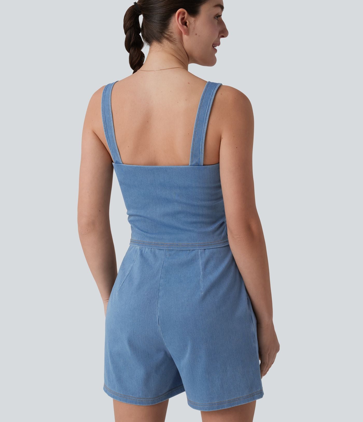 Halara Flex™ Combinaison short casual en denim sans manches à encolure carrée avec poches — Édition Easy Peasy