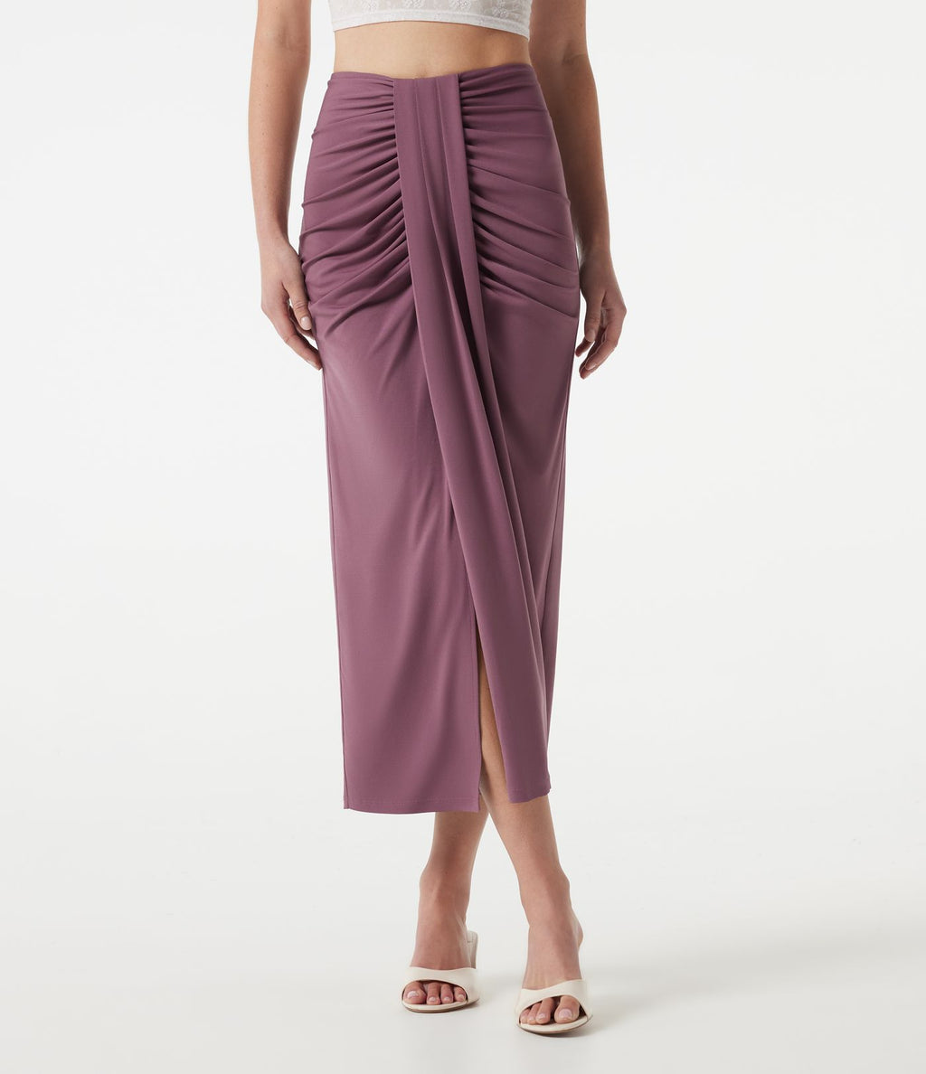 Jupe midi moulante taille haute froncée