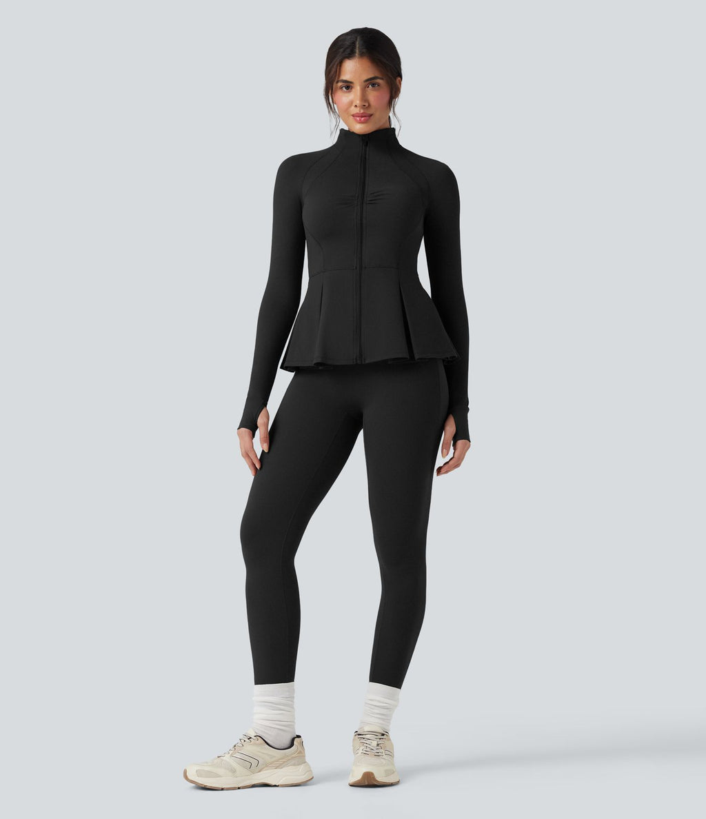 Veste de yoga ajustée SoftlyZero™ Plush col montant à trous pouces froncée ourlet plissé
