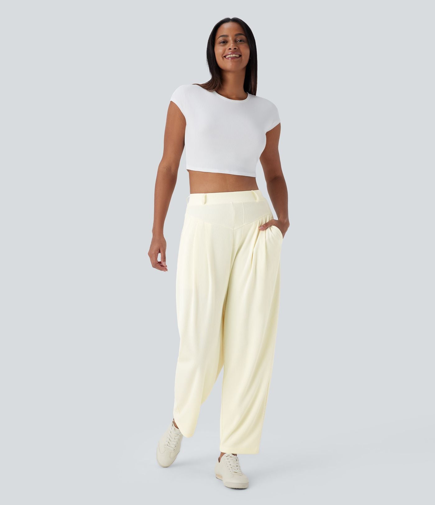 Pantalon de travail Halara Flex™ barrel côtelé, taille haute, avec poches