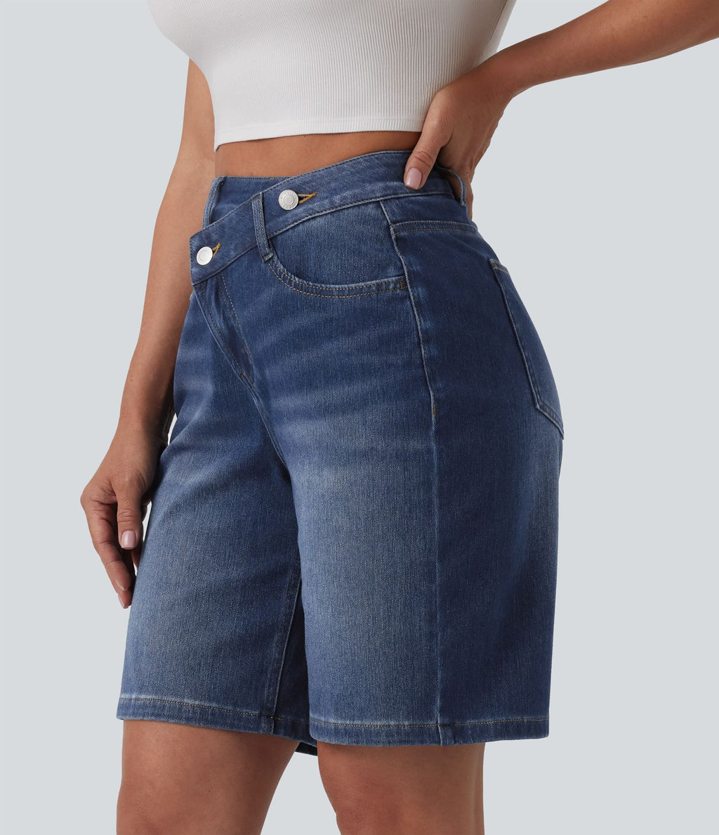 Short denim décontracté Halara Flex™ asymétrique délavé taille haute 23 cm avec poches