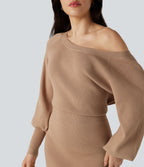 Robe pull mini moulante col bateau manches longues