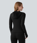 Veste yoga en maille gaufrée à capuche zippée à manches longues avec passants pouces sans couture OneForm Seamless Flow avec poches