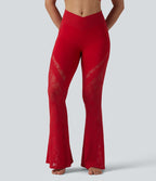 Pantalon de yoga évasé à taille haute croisée, poche arrière et dentelle