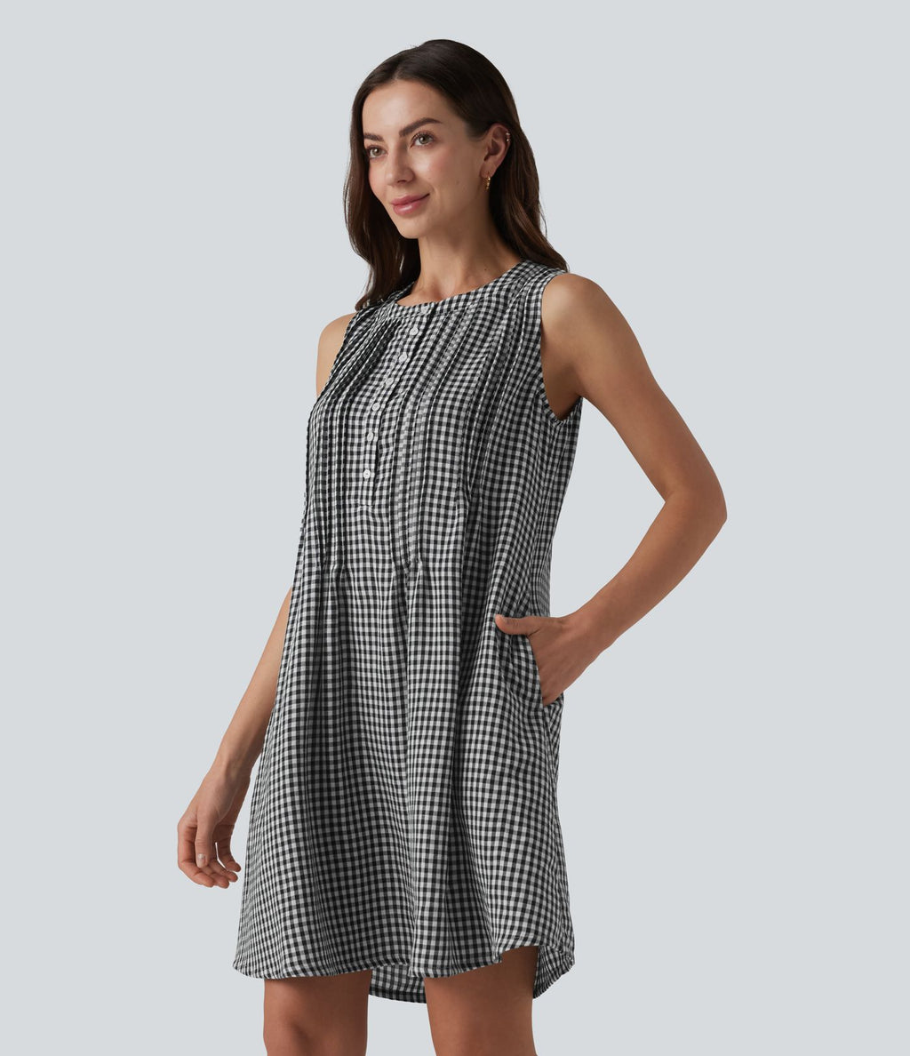 Robe courte sans manches col rond à carreaux aspect lin avec poches