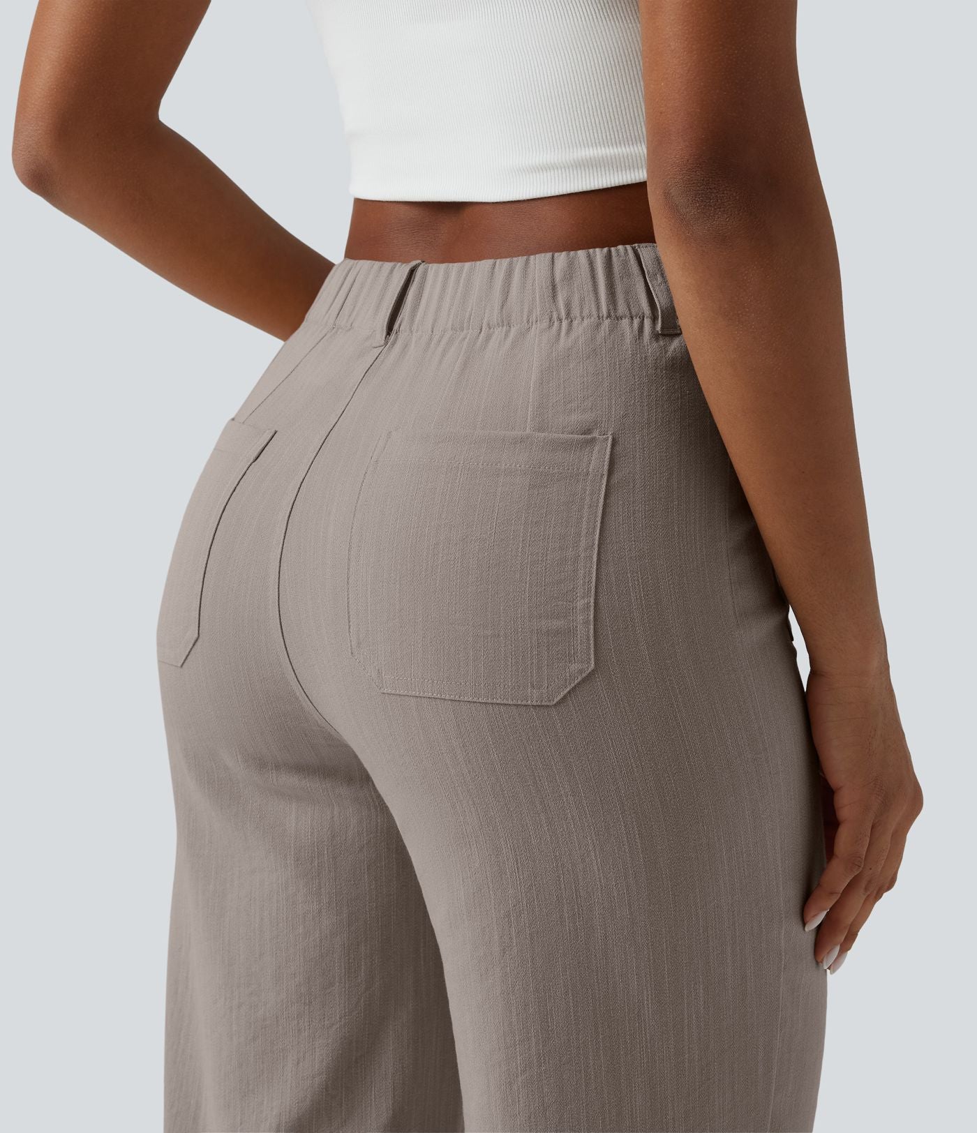 Pantalon taille haute coupe droite effet lin avec poches