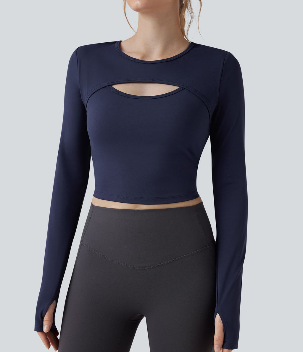 Haut de sport yoga court 2-en-1 col rond à manches longues avec passants pouces et laçage SoftlyZero™ Airy - UPF50+