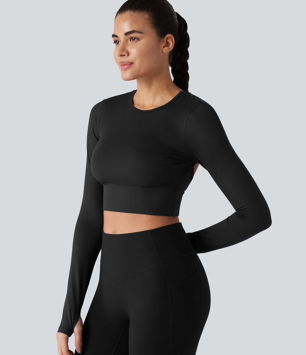 Haut de sport dos nu à manches longues avec passe-pouces, à effet frais InstantCool, séchage rapide, protection UPF50+ pour le yoga