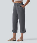 Pantalon casual court aspect lin coupe droite taille haute avec poches