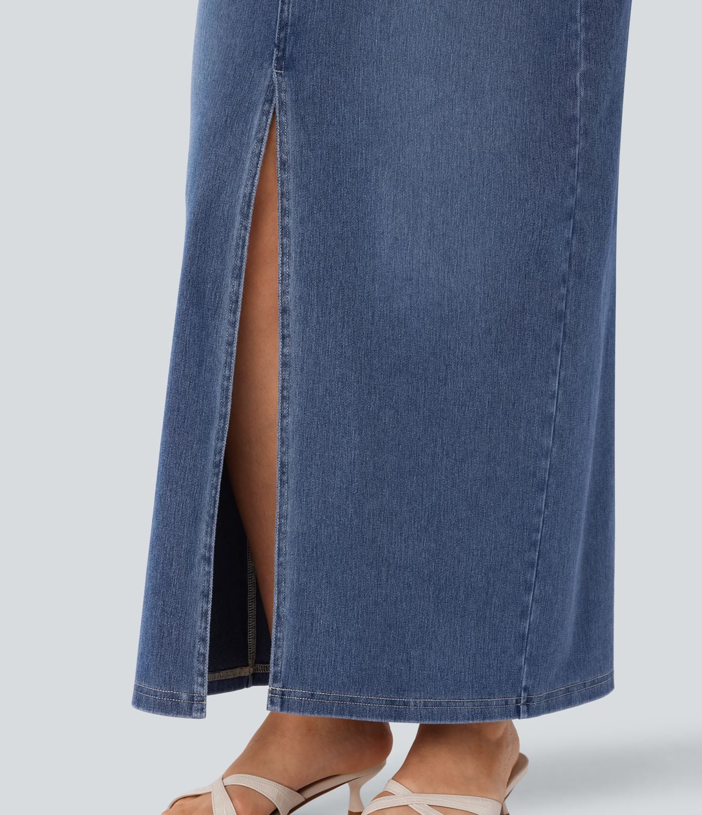 Halara Flex™ Jupe en Jean longue décontractée extensible délavé taille moyenne avec fente et multiples poches