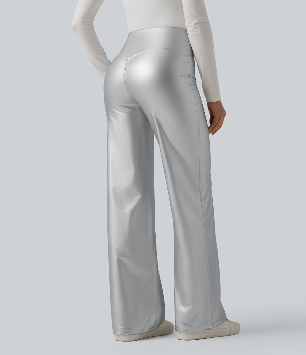 Pantalon similicuir évasé gainant taille haute stretch avec poches