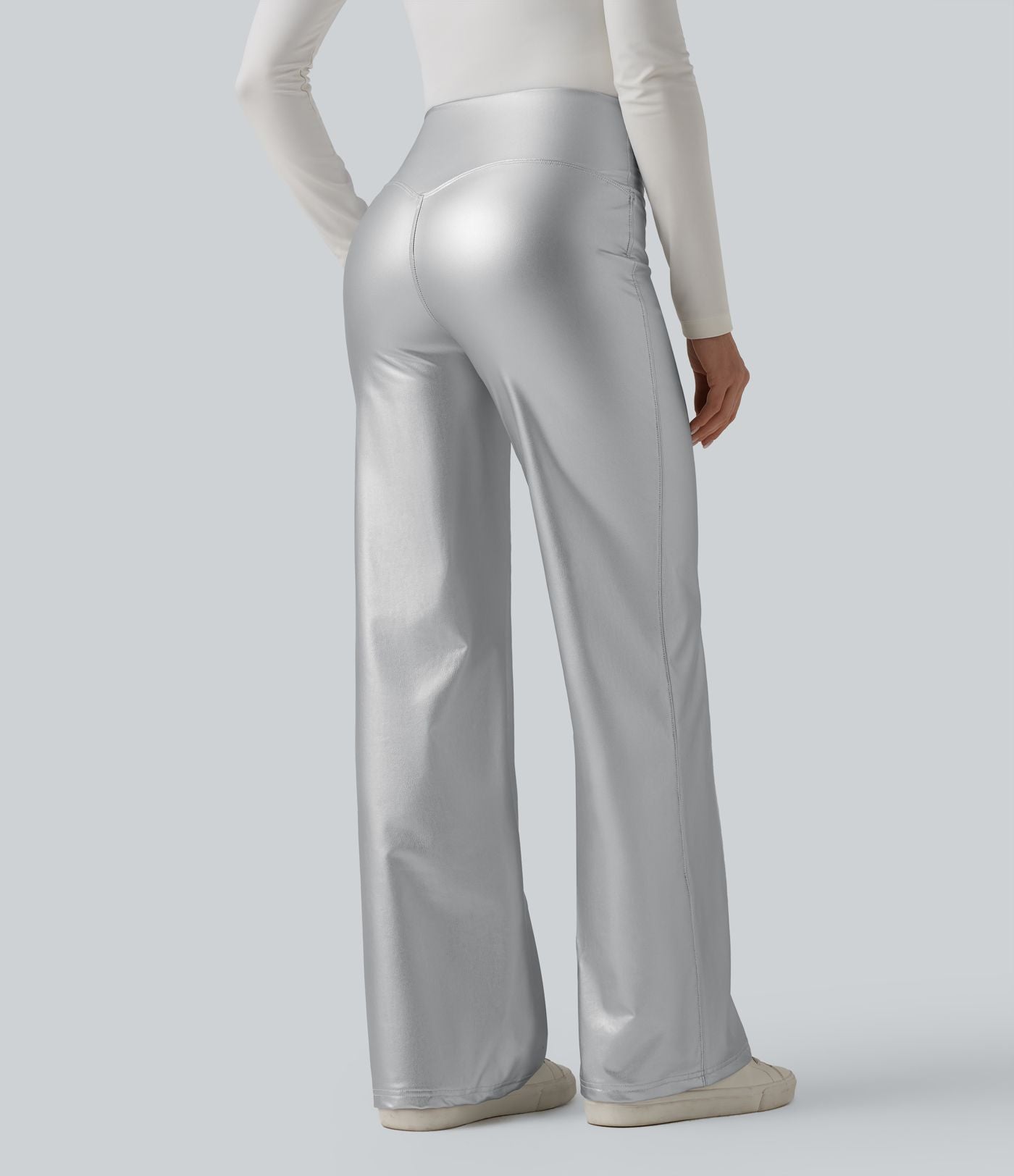 Pantalon similicuir évasé gainant taille haute stretch avec poches