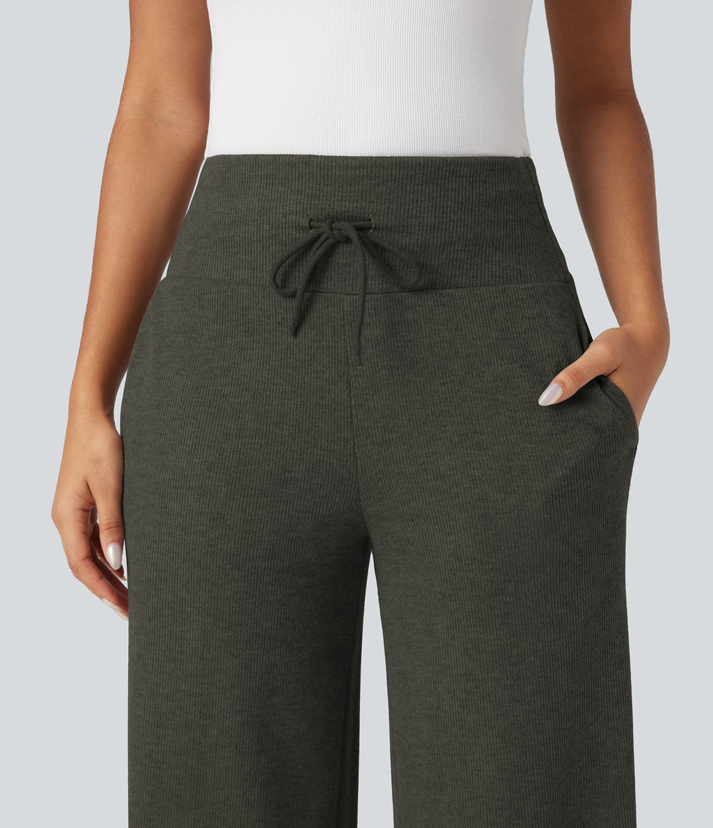 Pantalon jogging large décontracté côtelé gainant taille haute avec cordon de serrage et poches