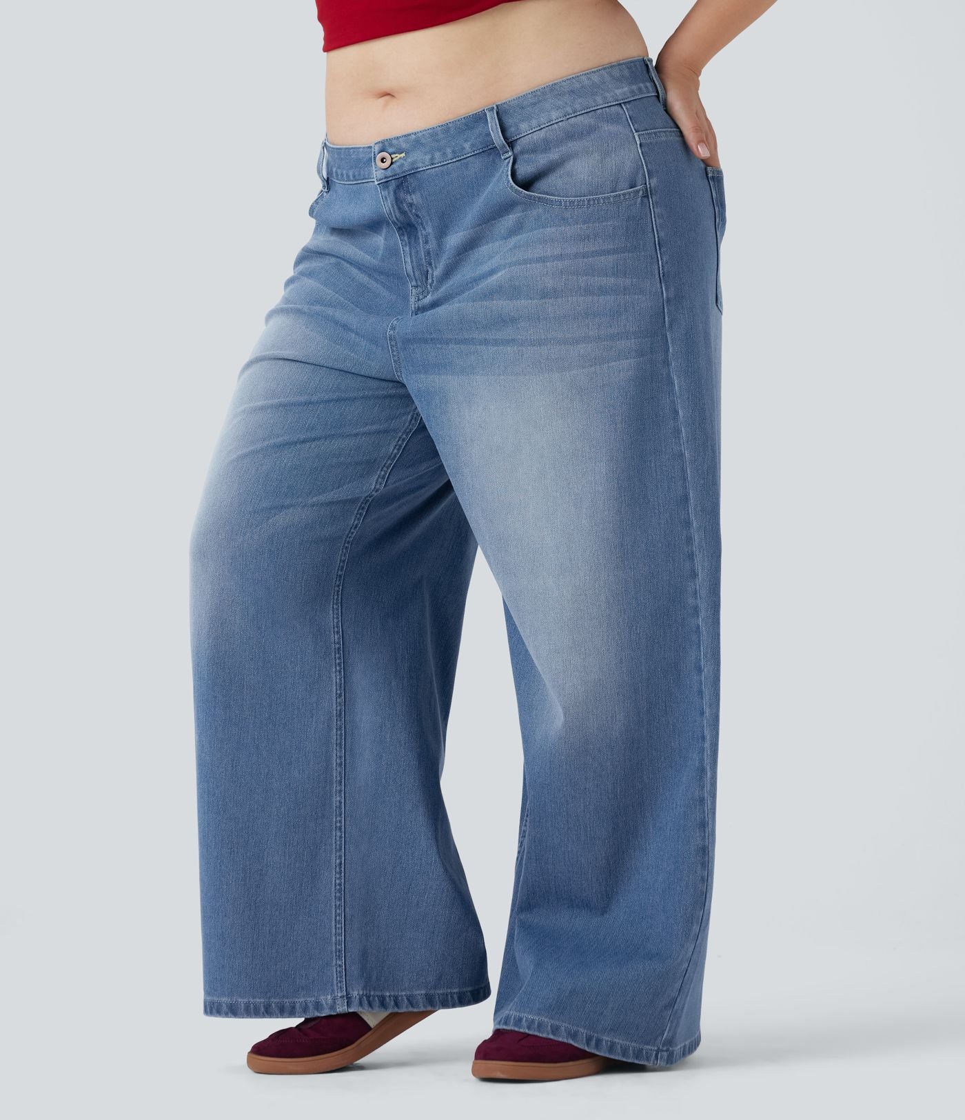 Jean décontracté grande taille Halara Flex™ taille basse large en maille extensible délavée avec multiples poches