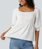 Blouse casual babydoll col carré à manches bouffantes mi-longues et détails froncés
