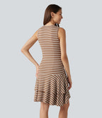 Robe mini décontractée à rayures col rond sans manches ourlet à volants superposés en maille côtelée