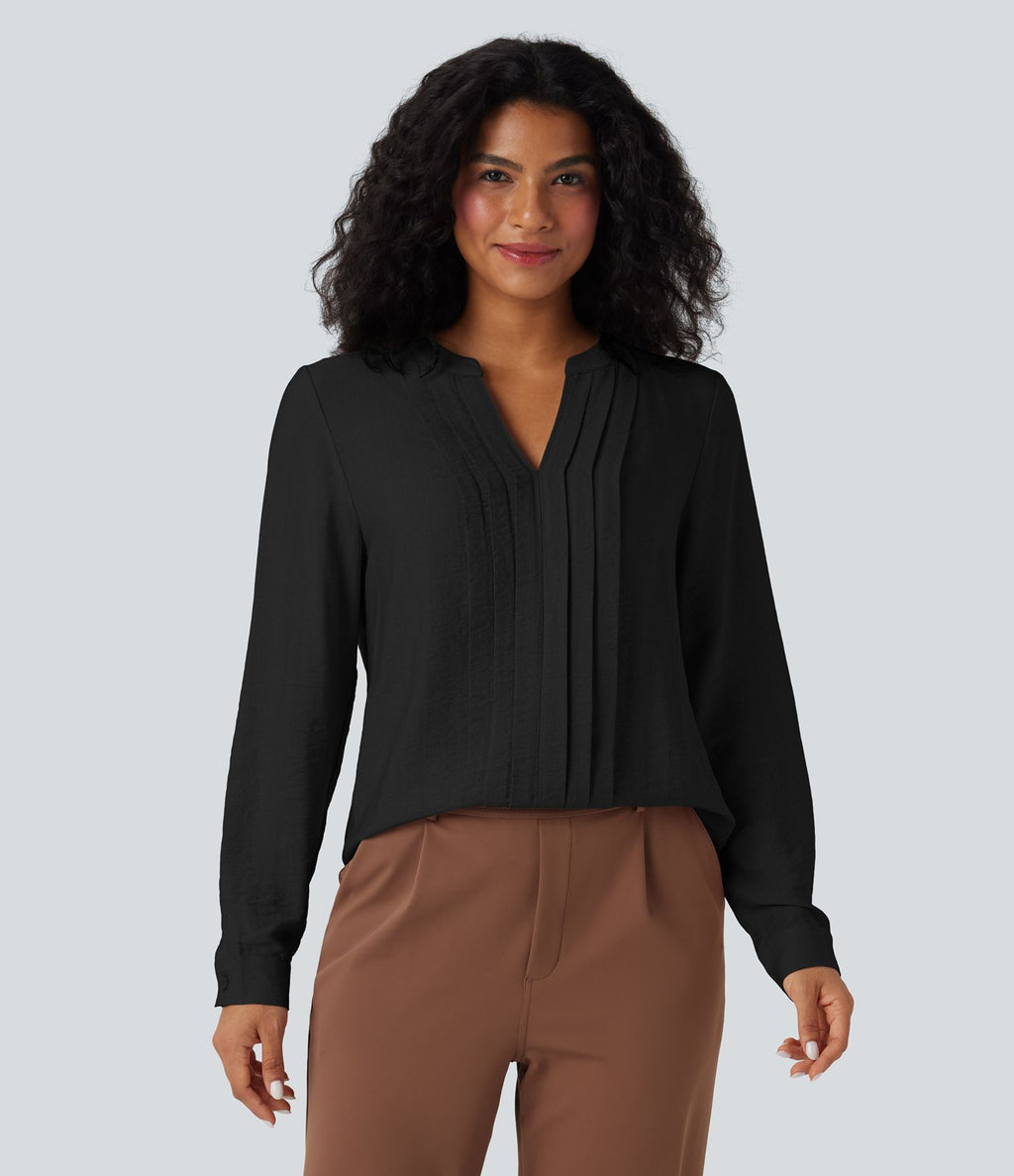 Blouse de travail manches longues col V à plis coupe décontractée