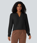 Blouse de travail manches longues col V à plis coupe décontractée