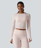 Haut de yoga à manches longues et bretelles croisées, toucher doux, protection solaire UPF50+