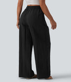 Pantalon casual ample lin taille haute à cordon de serrage avec poches
