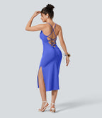 Robe moulante SoftlyZero™ Airy fendue à effet frais InstantCool, brassière intégrée, dos nu croisé à lacets, légèrement plissée pour invitée de mariage et demoiselle d'honneur