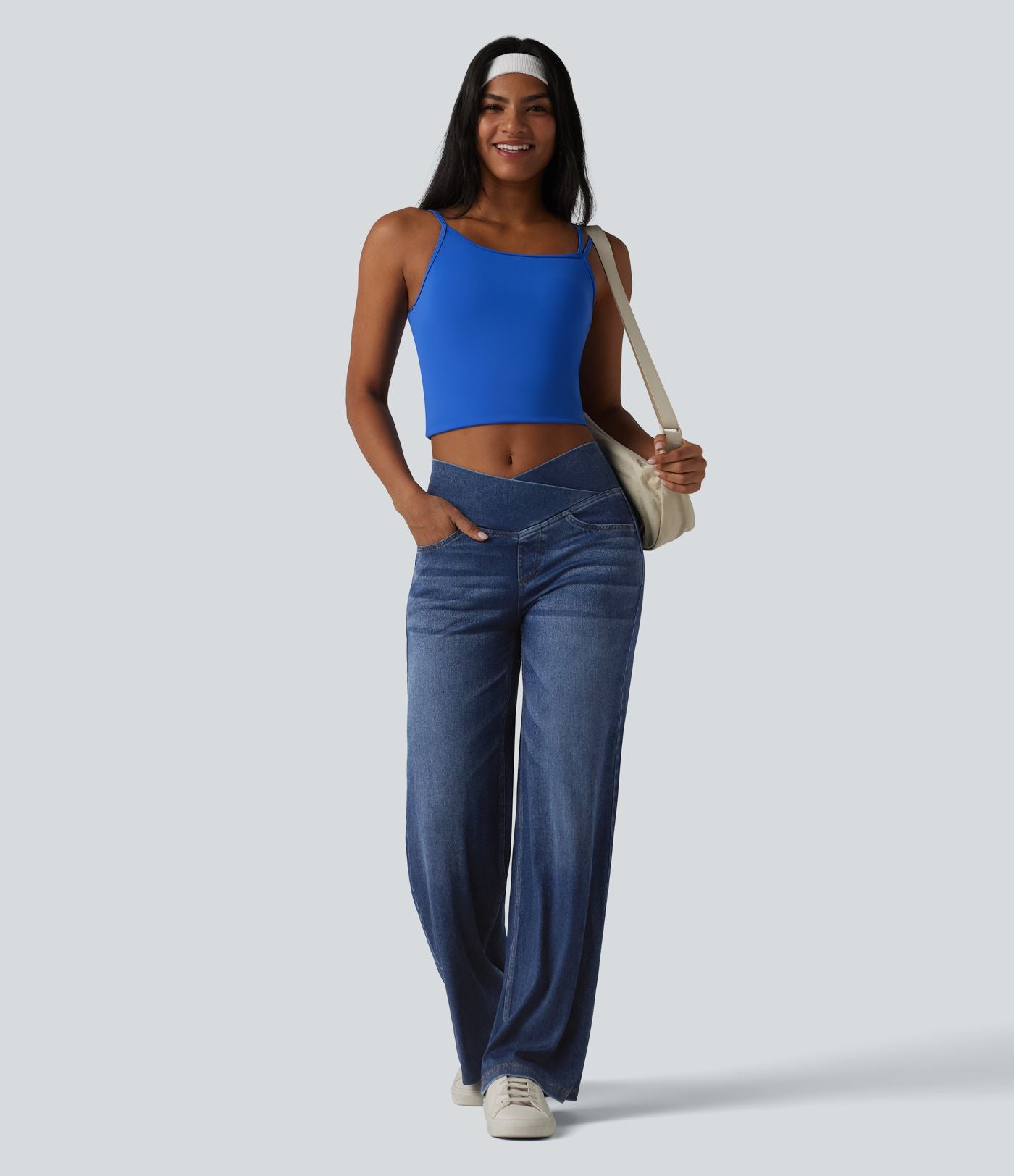 Halara Flex™ Jean large casual taille haute croisée en lyocell drapé lavé avec poches
