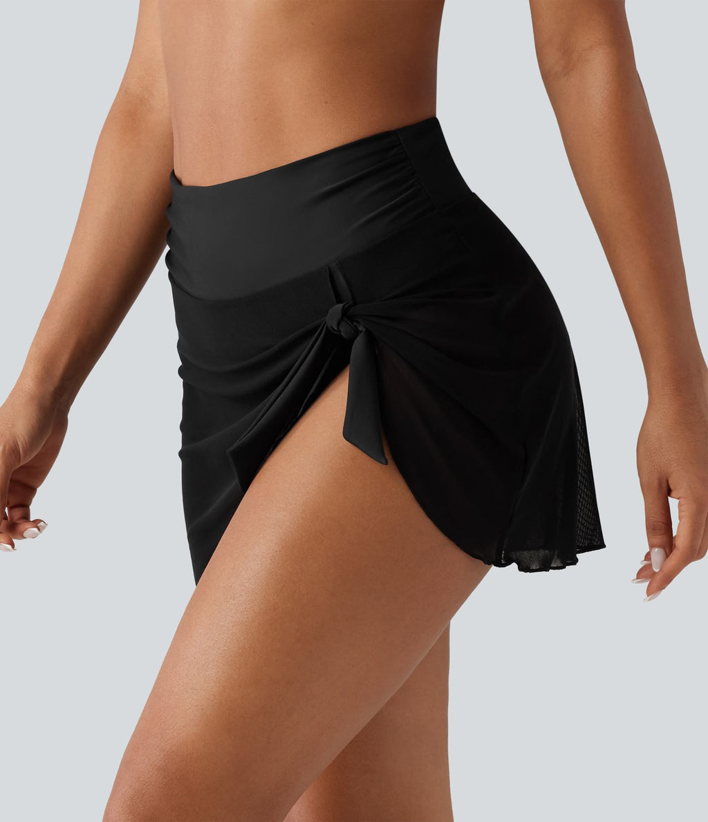 Bas de bikini 2-en-1 gainant taille haute en mesh avec fronces, lien et ourlet asymétrique 7,5 cm