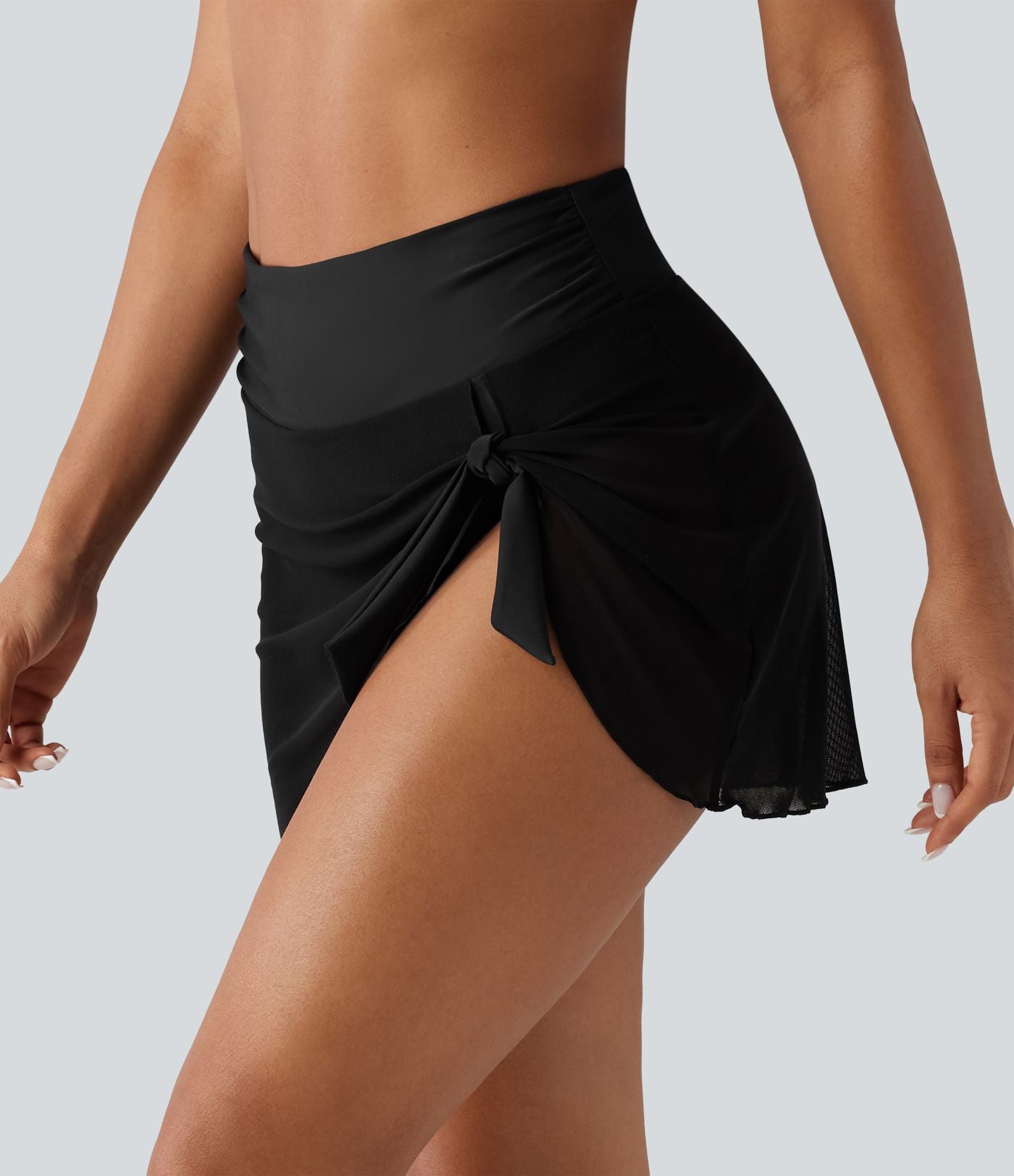 Bas de bikini 2-en-1 gainant taille haute en mesh avec fronces, lien et ourlet asymétrique 7,5 cm