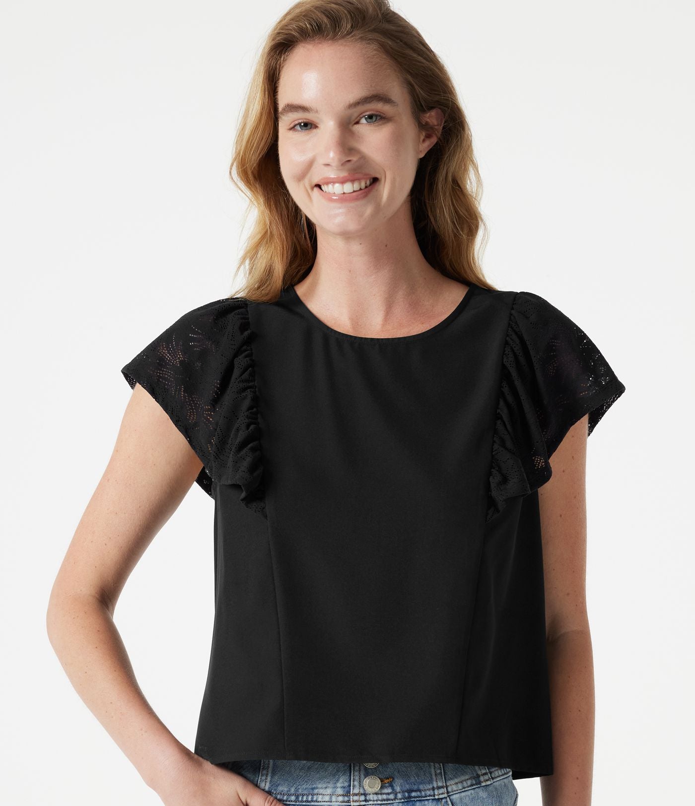 Blouse casual col rond avec découpe goutte d'eau au dos, dentelle contrastée et manches à volants