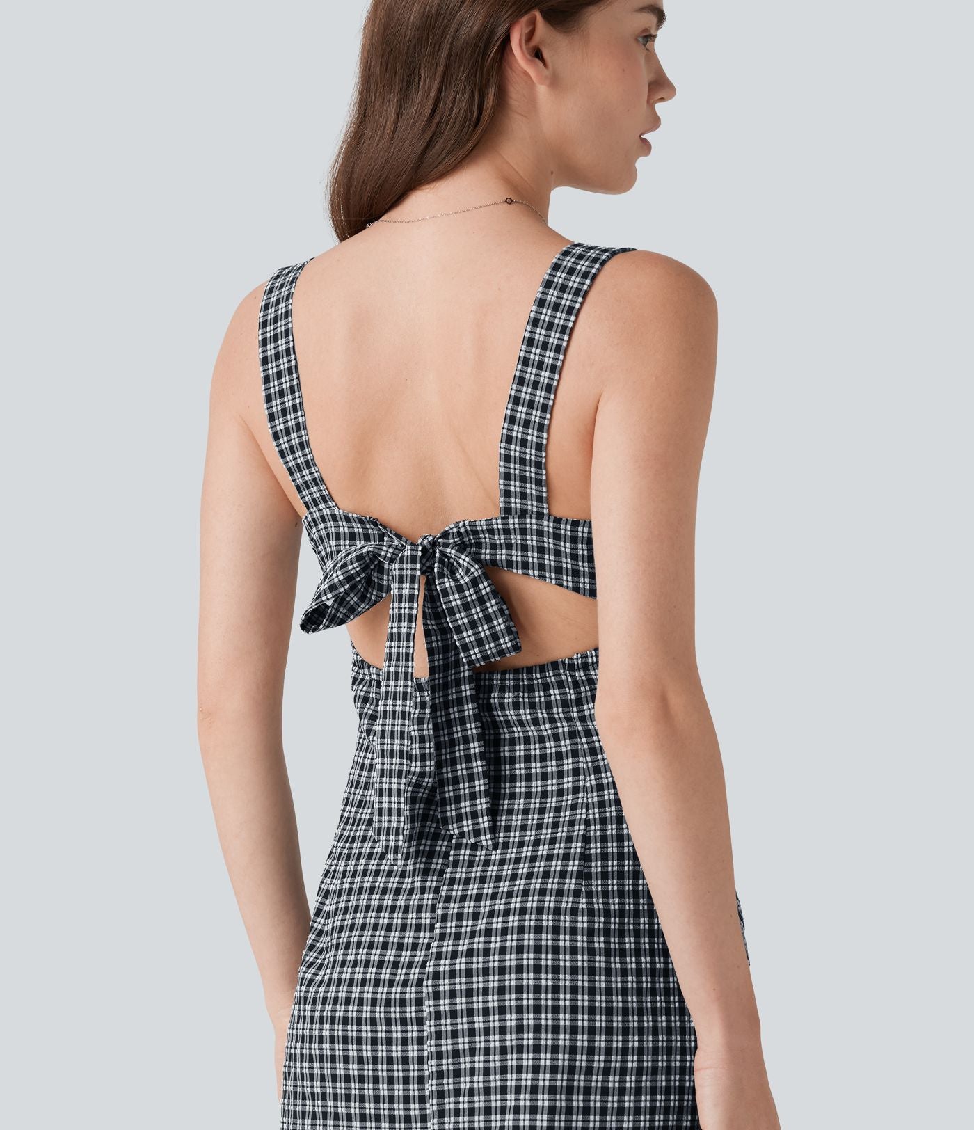 Robe mini vichy à col carré avec lien à nouer au dos et poches