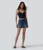 Halara Flex™ Short décontracté en denim lyocell délavé taille mi-haute drapé 9 cm avec poches