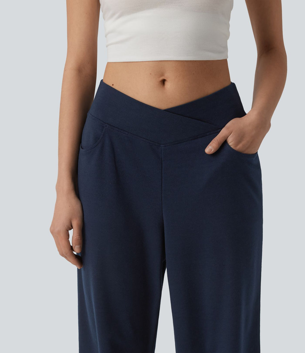 Pantalon casual capri large croisé taille mi-haute avec poches
