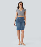 Halara Flex™ Jupe en Jean décontractée stretch délavé à taille haute, multiples poches et fente latérale