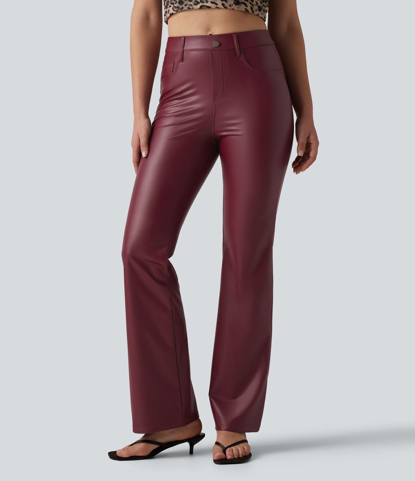 Pantalon casual bootcut taille haute en PU extensible avec poches