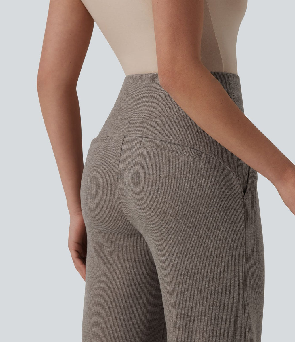 Pantalon casual bootcut gainant taille haute à cordon de serrage en maille côtelée avec poches
