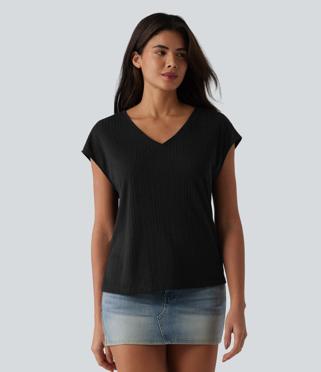 T-shirt casual jacquard col V à manches courtes