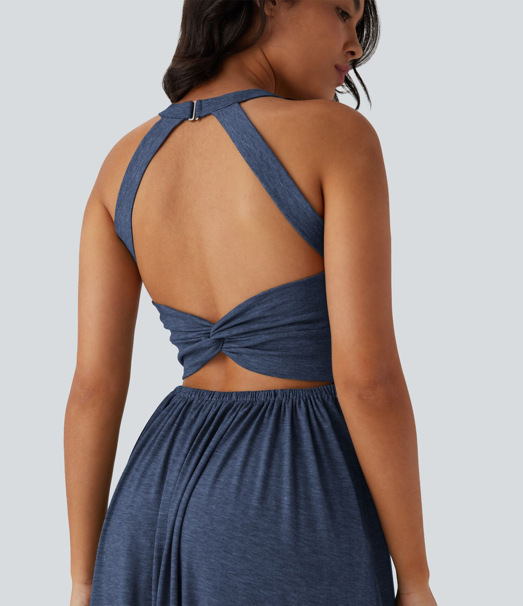 Robe longue fluide fendue avec poches latérales, dos nu et effet torsadé