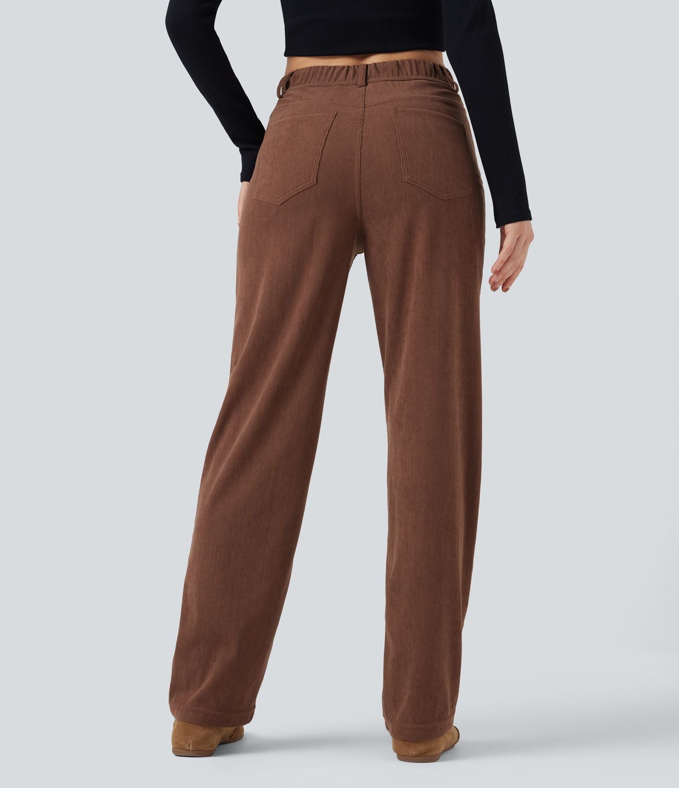 Pantalon décontracté droit en velours côtelé, taille haute, gainant, avec poches