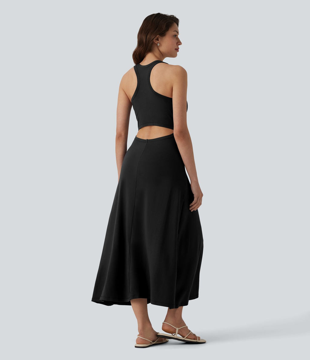 Robe mi-longue casual dos nageur sans manches avec fronces et brassière intégrée