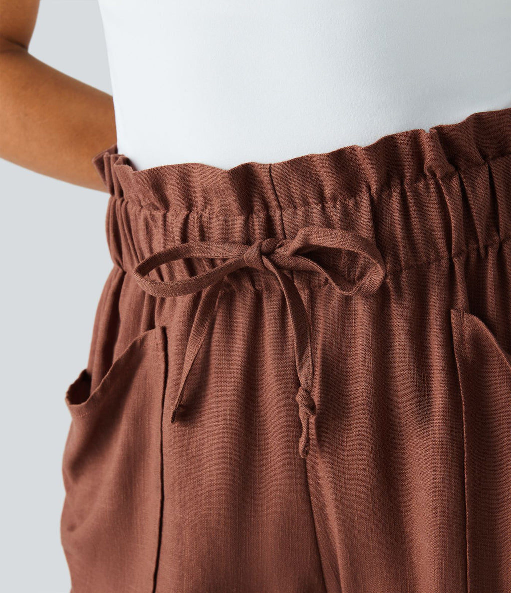 Short Casual en Mélange de Lin à Taille Mi-Haute avec Taille Sac Papier Cordon de Serrage Multiples Poches et Ourlet Courbé