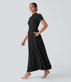 Robe longue décontractée à col montant, manches courtes et poches latérales