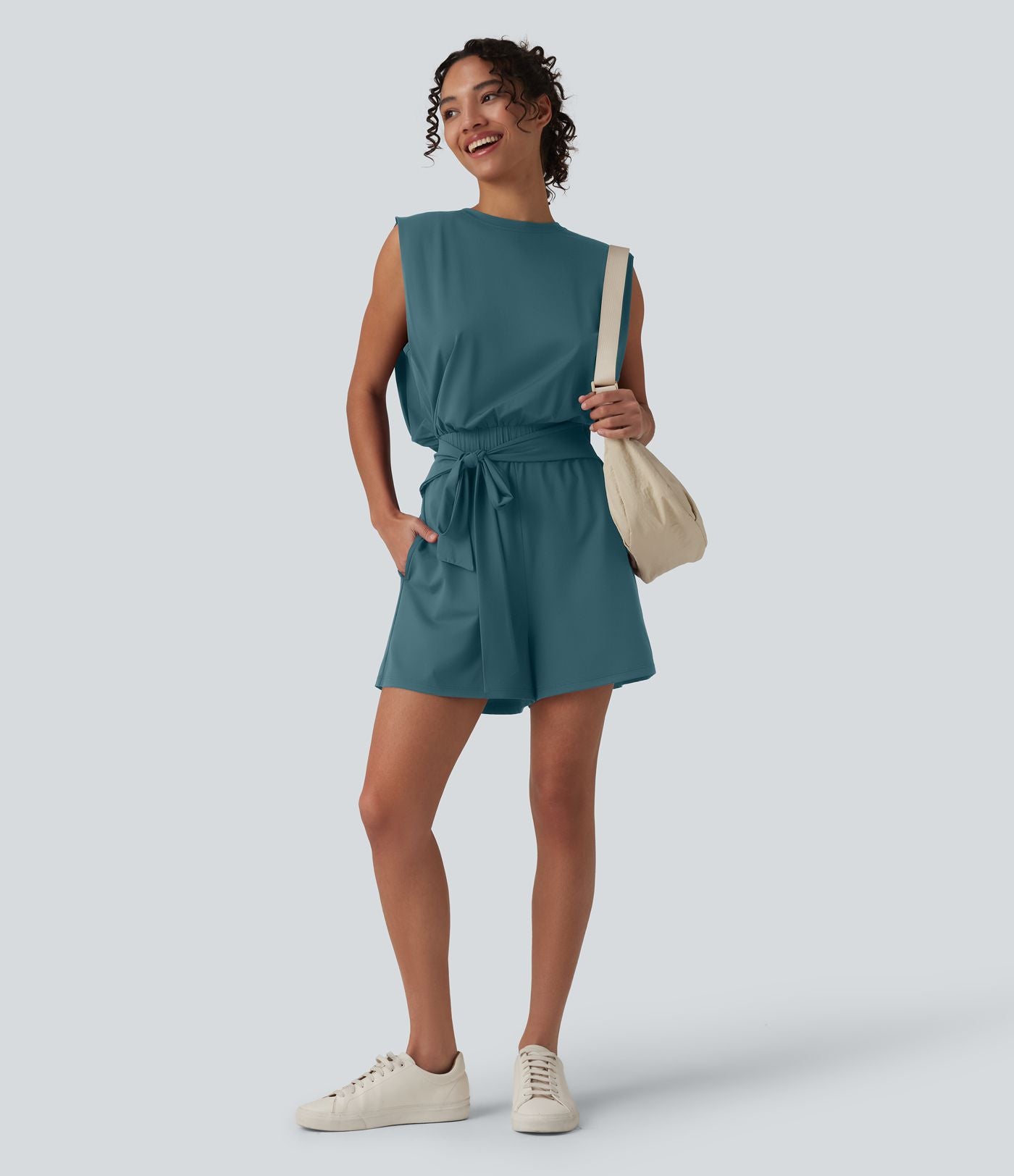 Combishort décontracté col rond sans manches effet frais InstantCool avec nœud frontal et poches, accès facile Easy Peasy, protection solaire UPF50+