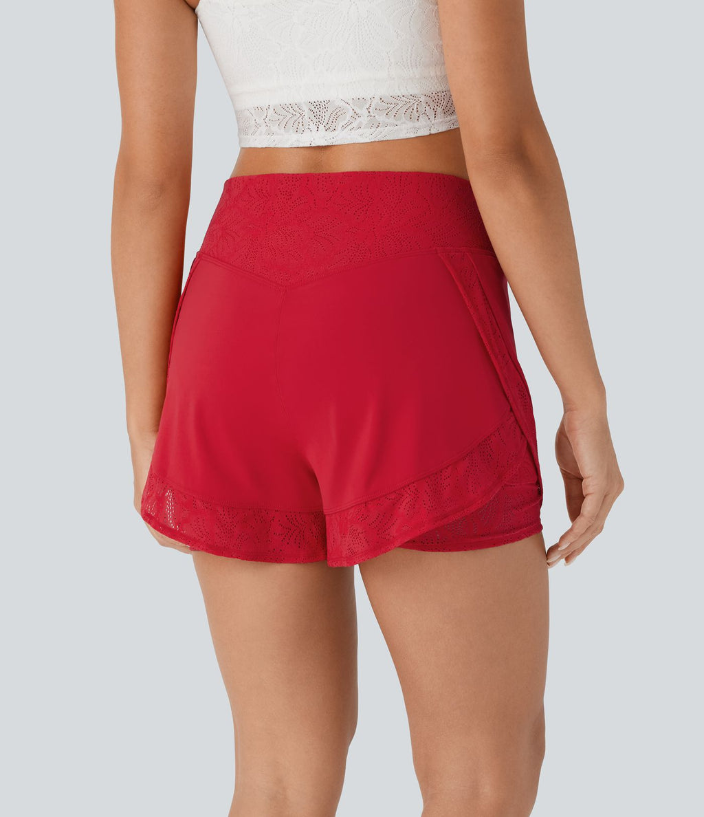 Short de yoga 2-en-1 SoftlyZero™ Airy à taille haute avec poche latérale, dentelle contrastante et effet frais InstantCool, protection solaire UPF50+