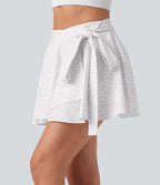 Jupe tennis mini fluide 2-en-1 taille haute imprimé léopard avec liens latéraux et poche
