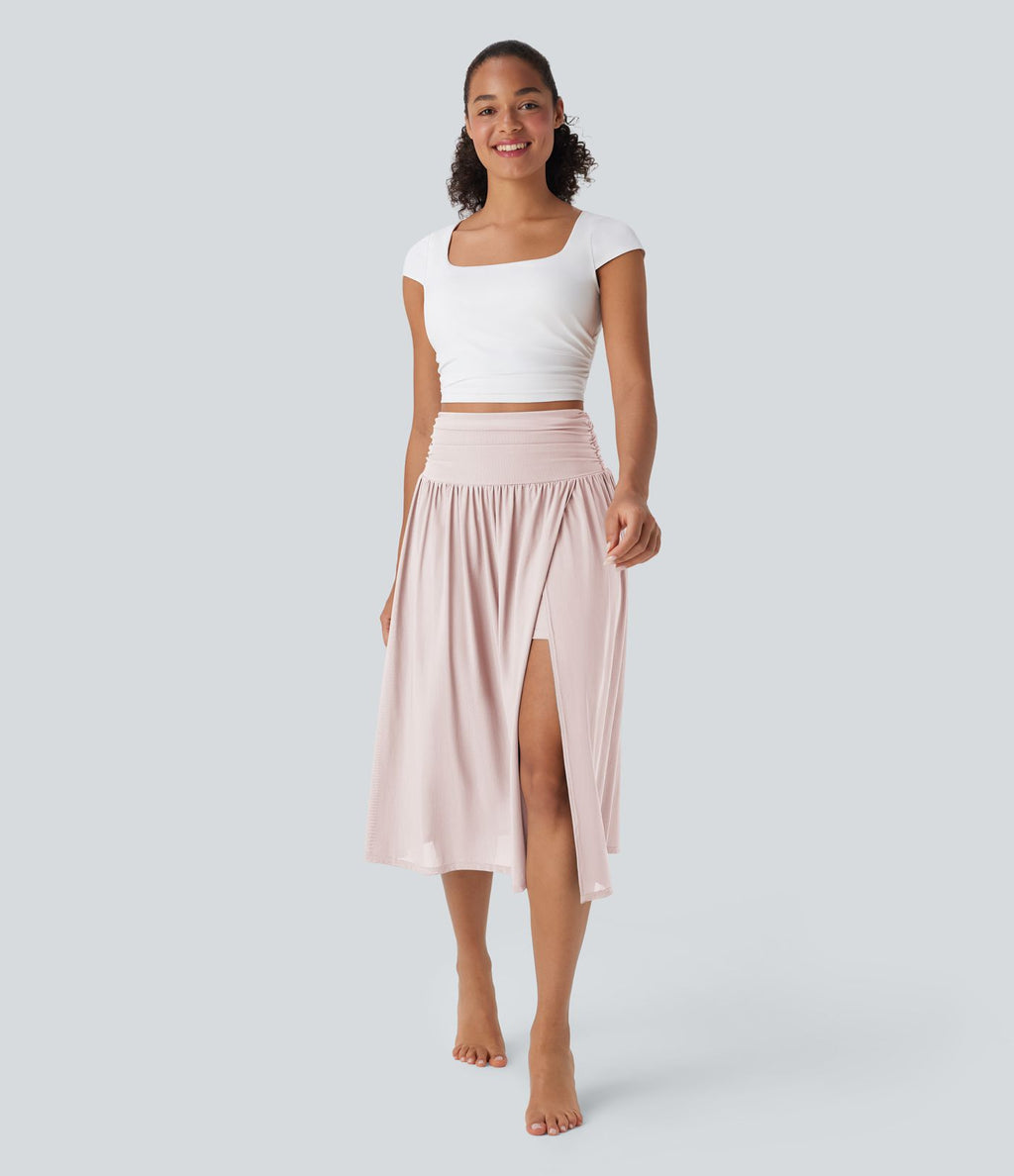 Jupe de danse mi-longue fluide 2-en-1 taille haute, fendue avec poche latérale